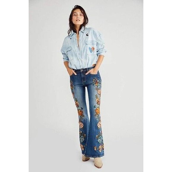 Free People Driftwood Jeans Farrah Flare Floral Beaded Midnight Rose Blue Sz 30 - Picture 1 of 5